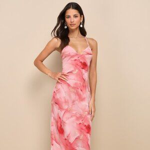 Lulus Bright Charm Pink Abstract Print Chiffon Slip Midi Dress - Size S